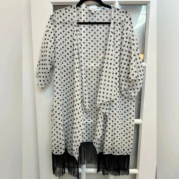 LuLaRoe Dark Navy Polka Dot Black Fringe Monroe Kimono Swim Coverup Size Large L - Picture 11 of 11